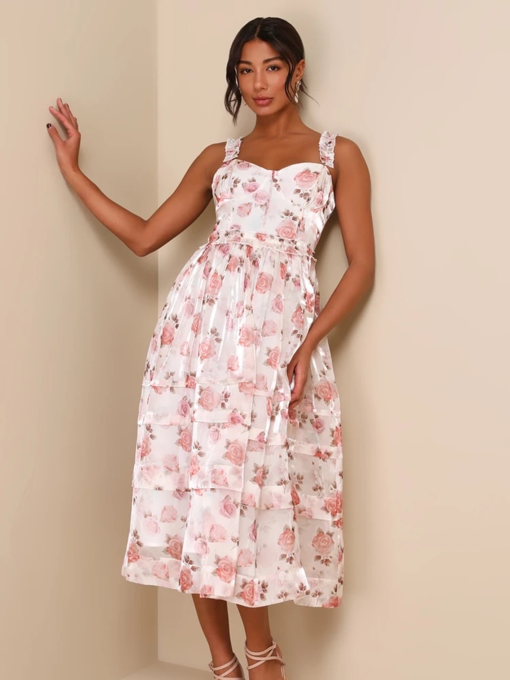 Lulus Sincerely Enchanting Ivory Floral Print Organza Midi Dress White - Size XS